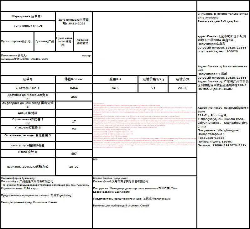 Инвойс по китайской логистике